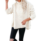 Women's Oversized Sherpa Pullover with High Roll Neck, Extended Back Hem and Casual Silhouette Fashion Glam