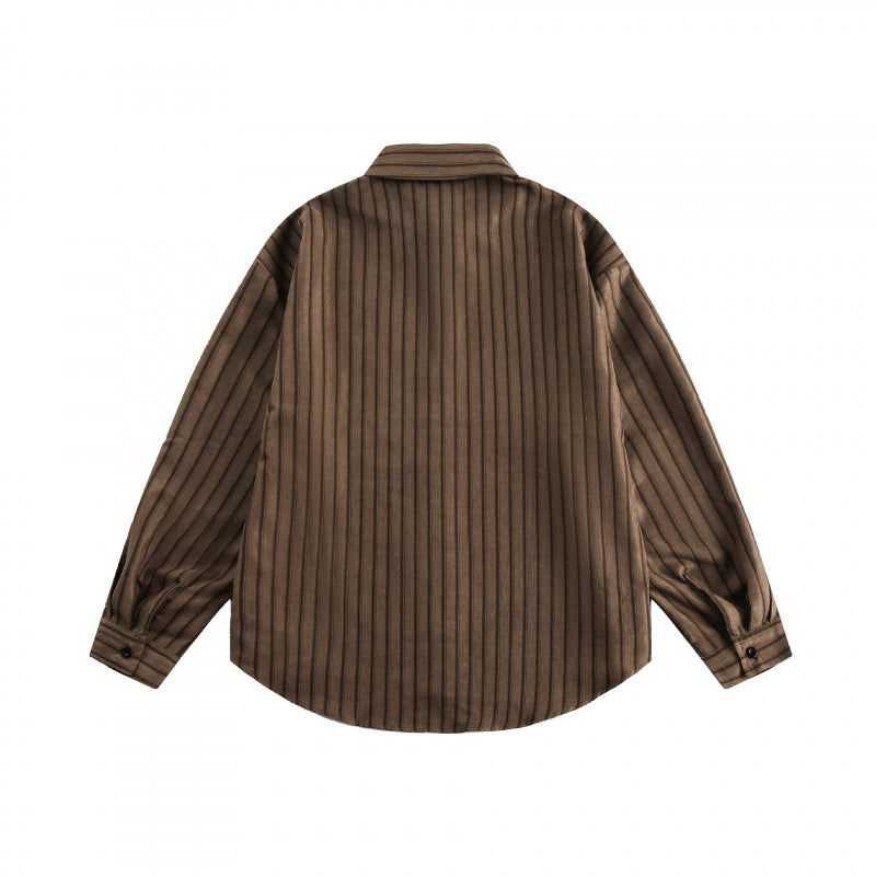 Unisex Loose-Fit Shirt with Vertical Pinstripe Structure, Patch Chest Pocket and Curved Hem Fashion Glam