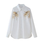 Women Oversize Shirt Blouse with Palm Motif made of Golden Sequins Fashion Glam