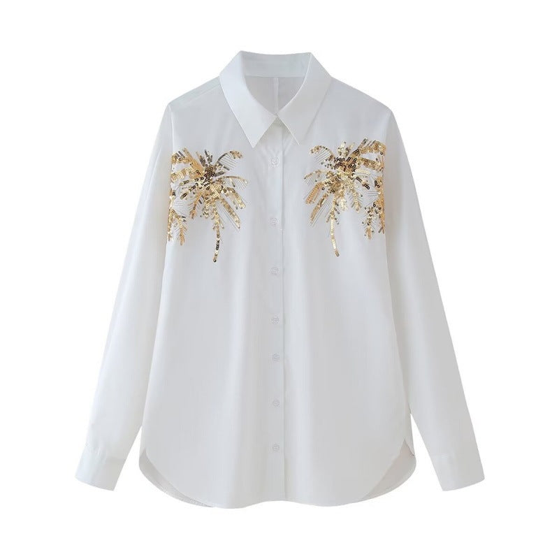 Women Oversize Shirt Blouse with Palm Motif made of Golden Sequins Fashion Glam