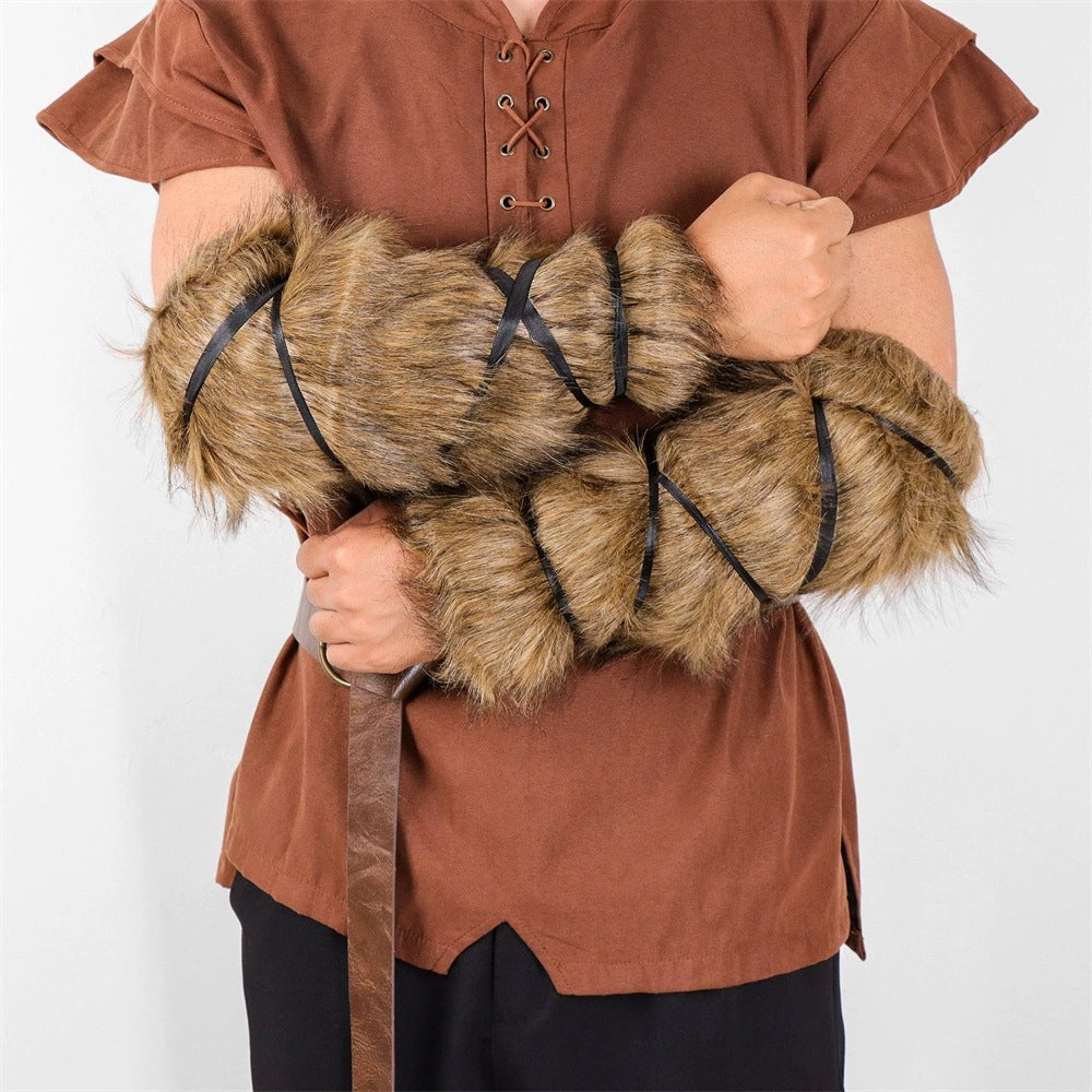 Men's Viking-inspired faux fur arm cuffs with adjustable wrap straps Fashion Glam