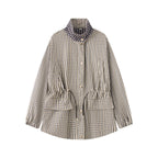 Women Checked Oversize Parka Jacket with Drawstring and Stand-up Collar Fashion Glam
