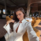 Women's Tailored Blazer with Distinctive V-Neck and Stand Collar Detail Fashion Glam