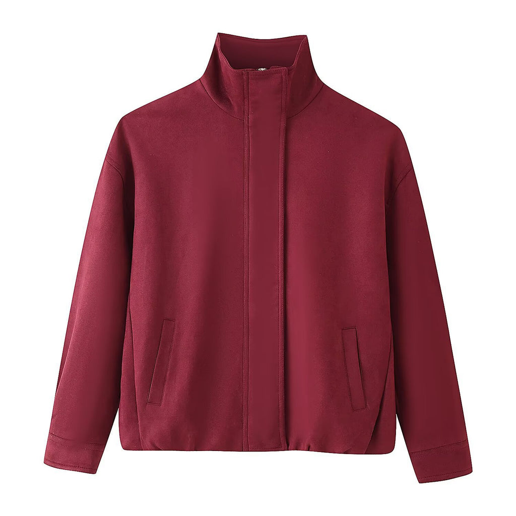 Women's Boxy Short Jacket with High Stand Collar and Concealed Zipper Fashion Glam