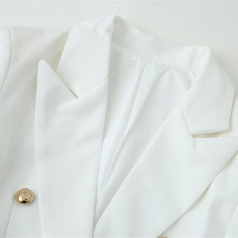 Women double-breasted longline blazer with lapel collar and decorative buttons Fashion Glam