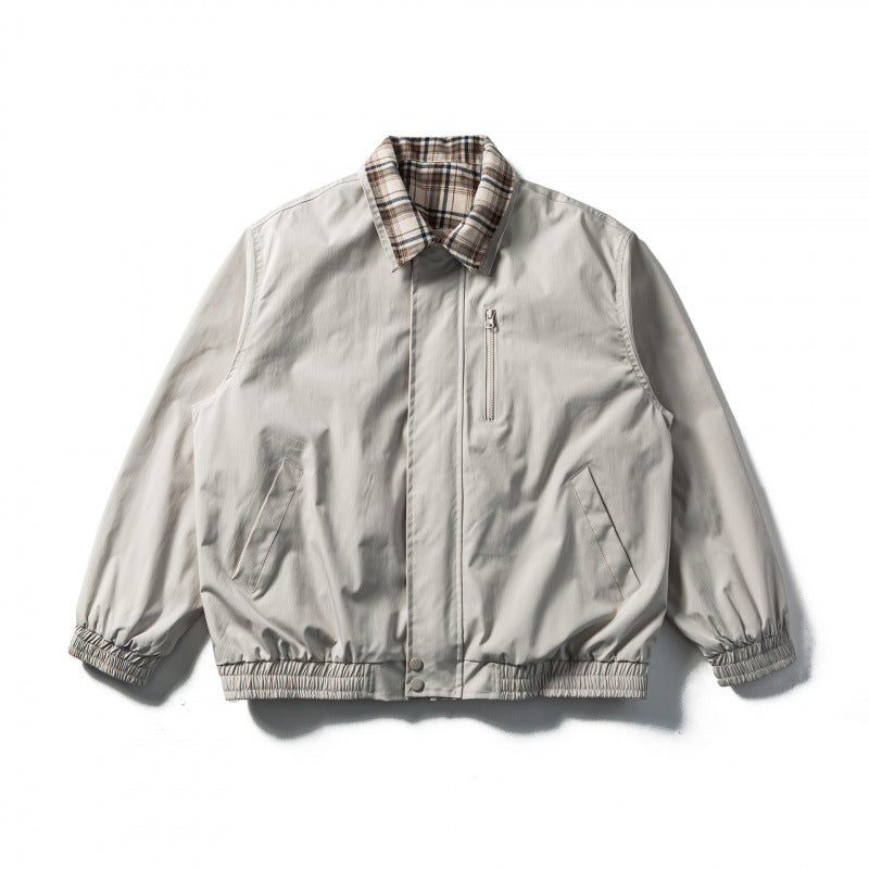 Men's Short Cut Boxy Transition Jacket with Checked Collar and Elastic Hem Fashion Glam