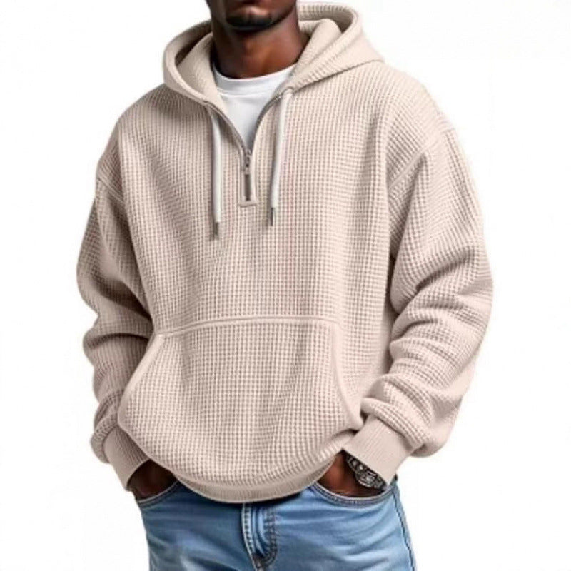 Men's waffle texture hoodie with half zipper and kangaroo pocket Fashion Glam