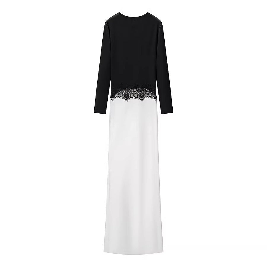 Women's maxi dress with contrasted top, lace insert and long sleeves Fashion Glam