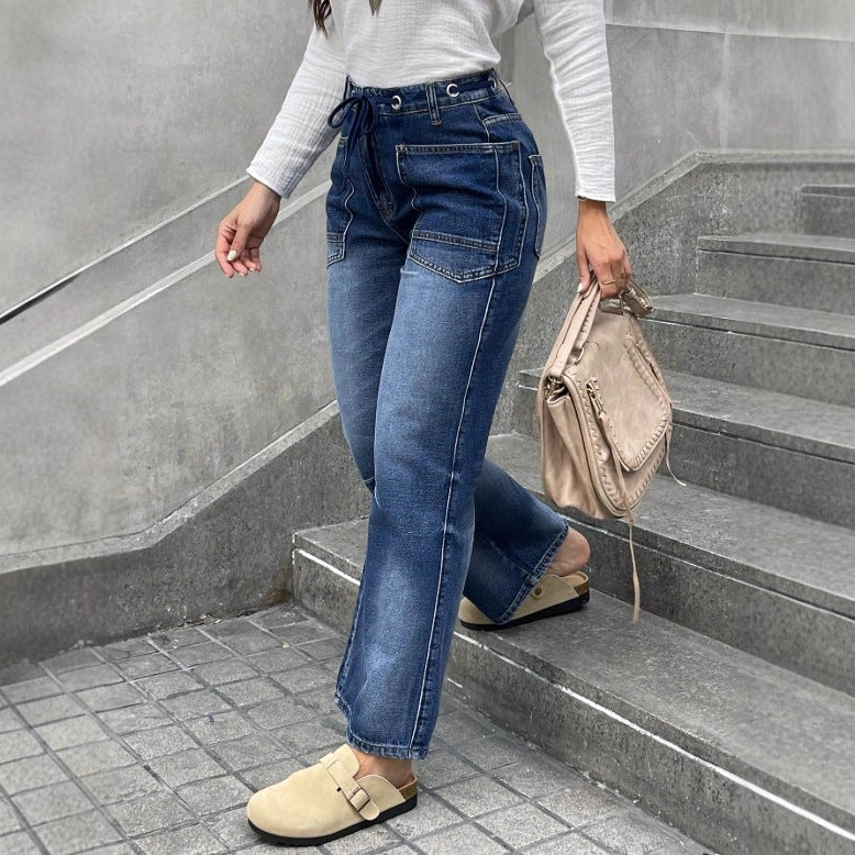 Women's high-waisted jeans with straight leg, drawstring waistband, and patch pockets Fashion Glam