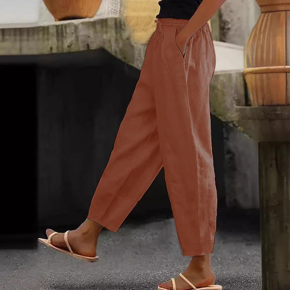 Women's Linen Blend Cropped Pants with Elastic Waistband, Drawstring and Side Pockets Fashion Glam
