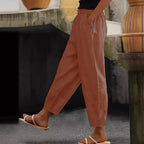 Women's Linen Blend Cropped Pants with Elastic Waistband, Drawstring and Side Pockets Fashion Glam