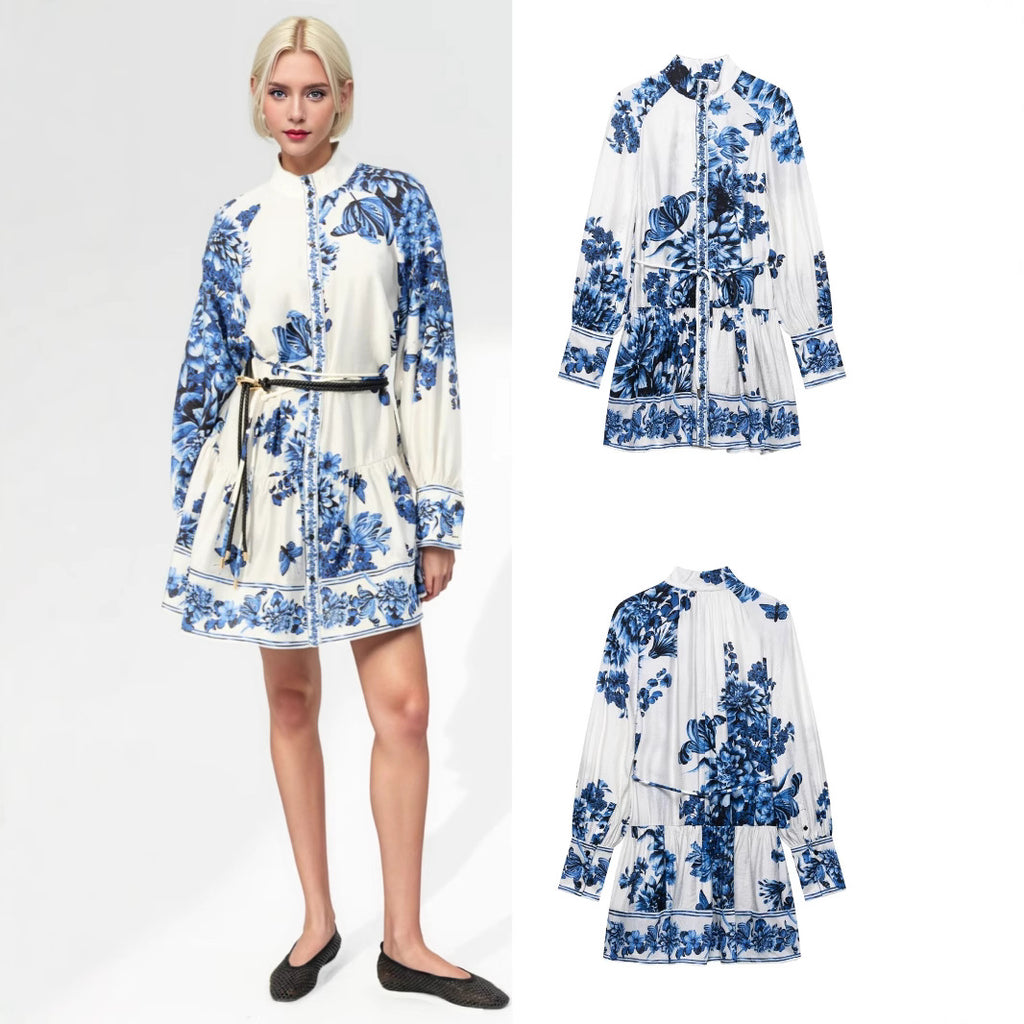 Women's midi dress with stand-up collar, full button placket and waist drawstring Fashion Glam