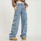 Women's High-Cut Baggy Cargo Jeans with Multiple Utility Pockets Fashion Glam