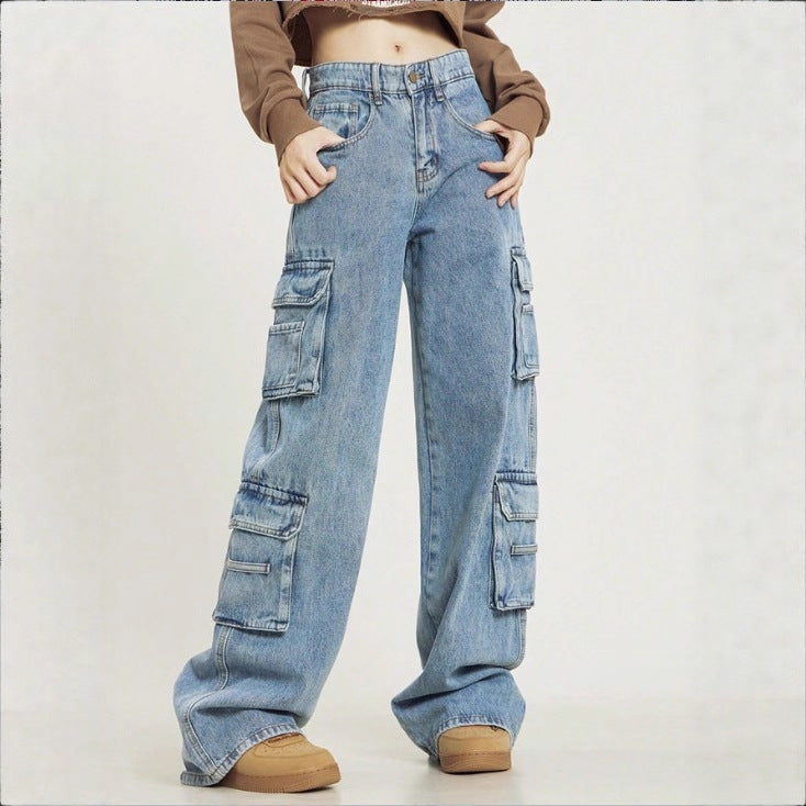 Women's High-Cut Baggy Cargo Jeans with Multiple Utility Pockets Fashion Glam