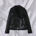 Women's Short Cut Lambskin Imitation Biker Jacket with Asymmetric Zipper, Belt and Teddy Lining Fashion Glam