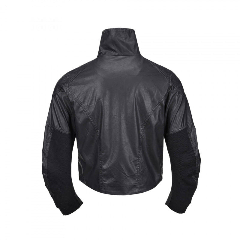 Men's short jacket in leather look with high stand-up collar, two diagonal chest zippers and vintage metal details Fashion Glam