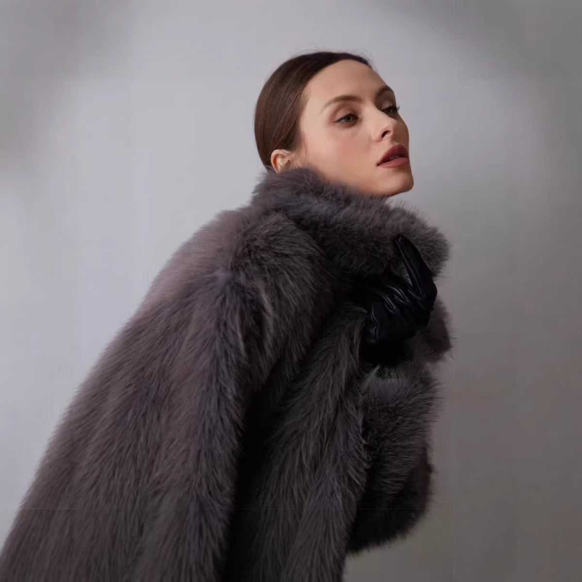 Ladies Short Boxy Faux Fur Jacket with Extra Soft High Pile and Voluminous Shawl Collar Fashion Glam
