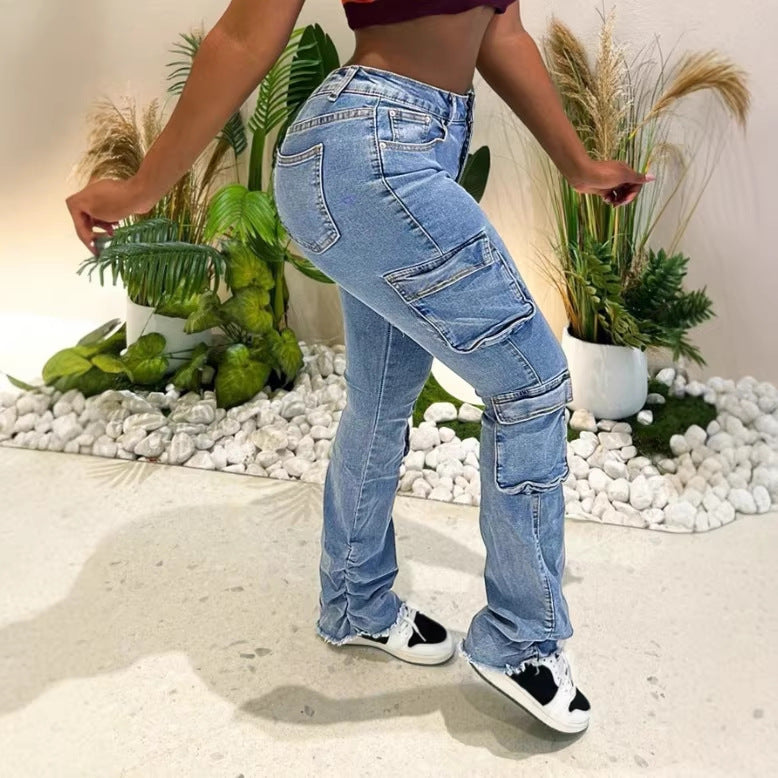 Ladies Cargo Denim Jeans with High Waist, Slim Fit Hips and Patch Utility Pockets Fashion Glam