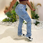 Ladies Cargo Denim Jeans with High Waist, Slim Fit Hips and Patch Utility Pockets Fashion Glam