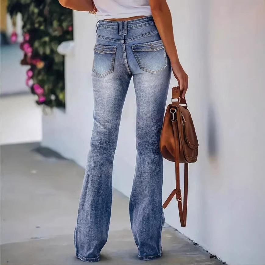 Women's High-Waisted Flared Denim Pants with Front Decorative Stitching and Shaping Waistband Fashion Glam