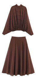 Women's Two-Piece Retro Polka Dot Set with Wide Batwing Top and Pleated Midi Skirt Fashion Glam