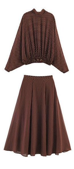 Women's Two-Piece Retro Polka Dot Set with Wide Batwing Top and Pleated Midi Skirt Fashion Glam