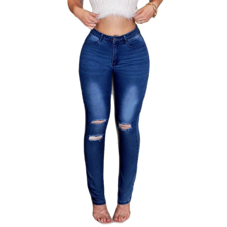 Women High-Waisted Bootcut Denim Jeans with Sculpting Effect and Knee Rips Fashion Glam