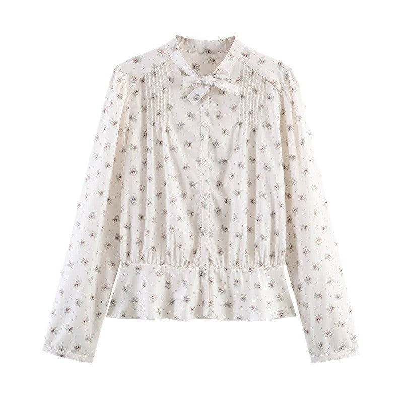 Women's Lightweight Viscose Blouse with Stand Collar, Ribbon Tie and Chest Pleats Fashion Glam
