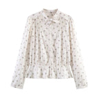Women's Lightweight Viscose Blouse with Stand Collar, Ribbon Tie and Chest Pleats Fashion Glam