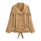 Women's Short Trench Coat with Cap Collar, Shoulder Tabs and Bow Tie Waist Belt Fashion Glam