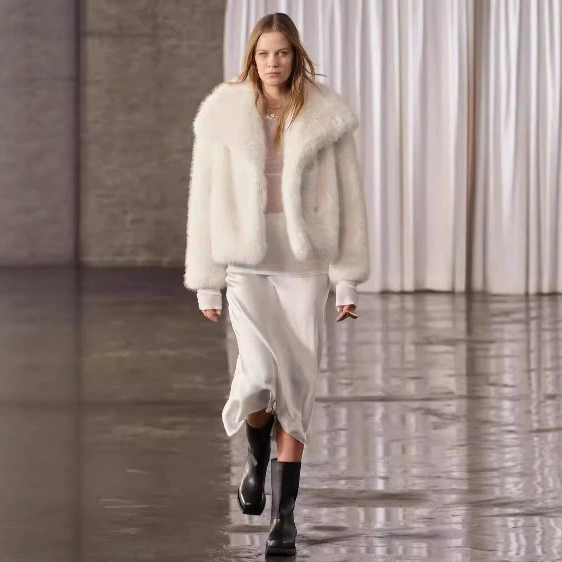 Women Cropped Faux Fur Jacket with XXL Lapel and Dense Long Pile Fashion Glam