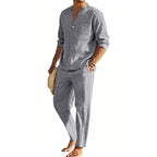 Men's comfortable linen two-piece with stand-up collar shirt and tapered ankle-length pants Fashion Glam
