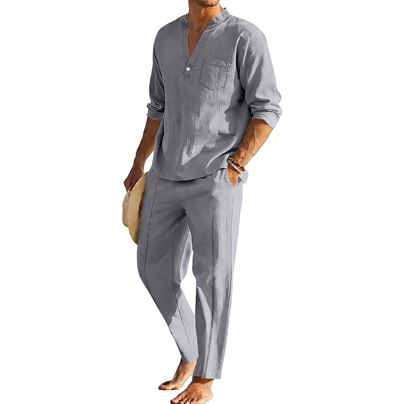 Men's comfortable linen two-piece with stand-up collar shirt and tapered ankle-length pants Fashion Glam