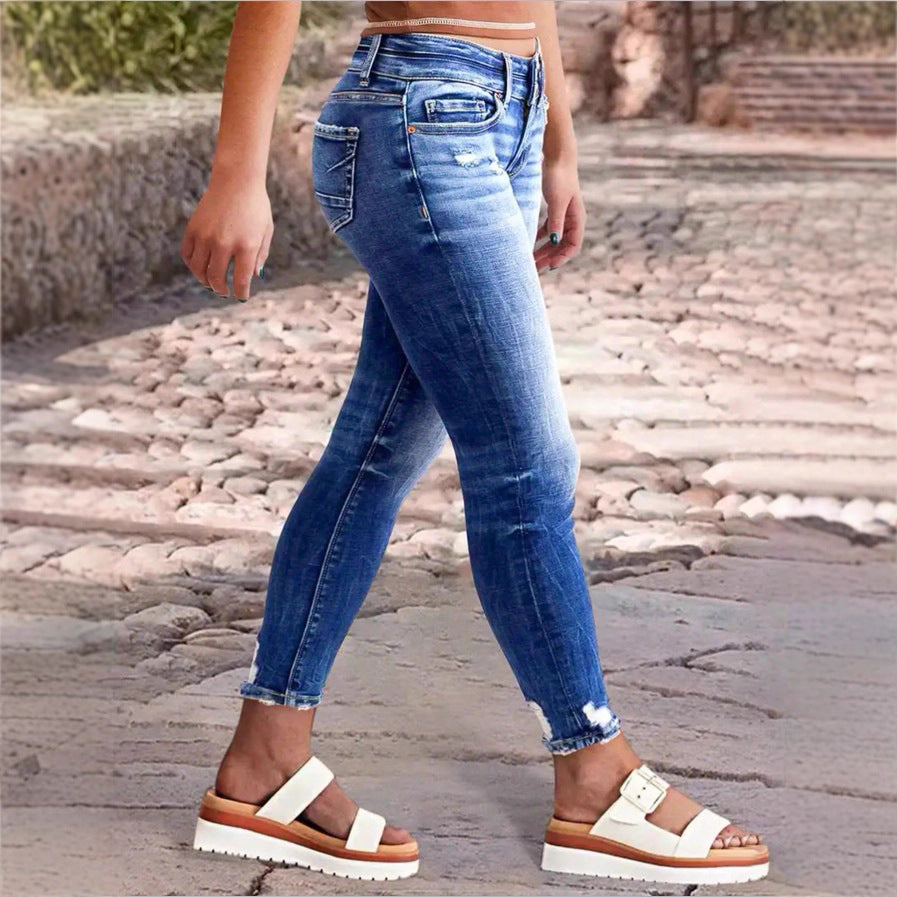Women's high-waisted Slim-Cropped Jeans with raw hem, Used-Wash and elastic comfort waistband Fashion Glam