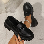 Women Chunky Patent Loafers with Thick Profile Sole and Chain Decoration Fashion Glam