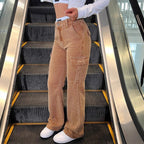 Women's High-Waisted Corduroy Cargo Palazzo Pants with Wide Leg and Flap Pockets Fashion Glam