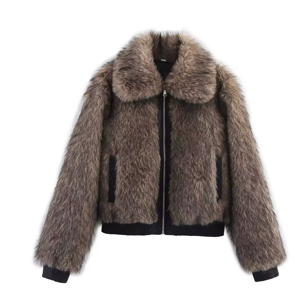 Women's Short Faux Fur Bomber Jacket with Voluminous Shawl Collar and Zipper Fashion Glam