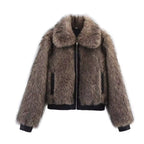 Women's Short Faux Fur Bomber Jacket with Voluminous Shawl Collar and Zipper Fashion Glam