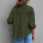 Women Casual Oversized Denim Shirt Jacket with Raw Hem and Patch Pockets Fashion Glam