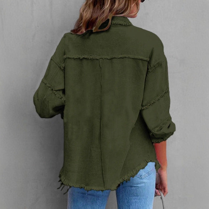 Women Casual Oversized Denim Shirt Jacket with Raw Hem and Patch Pockets Fashion Glam