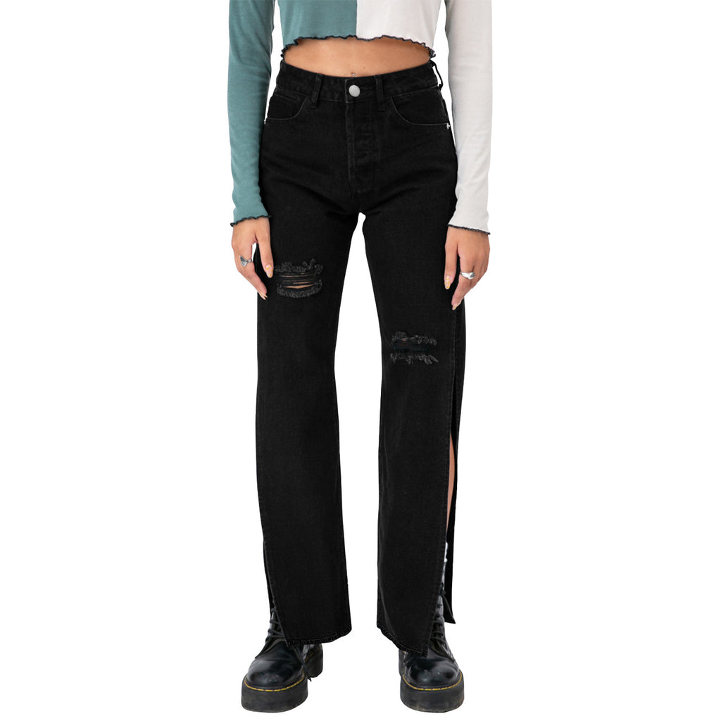 Ladies high-cut straight jeans with side leg slit and subtle rips Fashion Glam