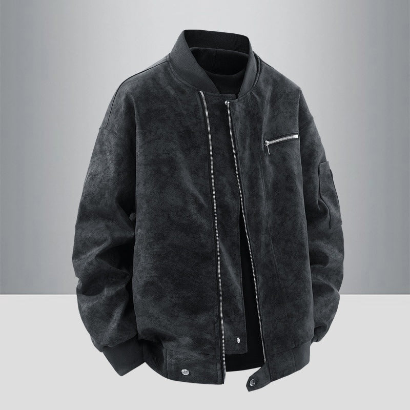 Men's Suede Look Bomber Jacket with Full Zip, Rib Collar and Utility Pockets Fashion Glam