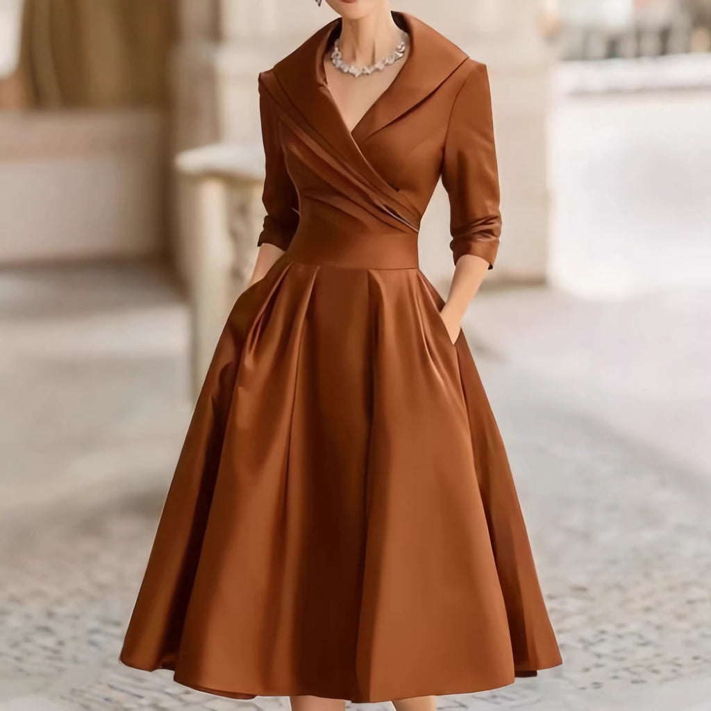 Women's Elegant Satin Midi Dress with Wrap Top, Mid-Length Sleeves and Side Pockets Fashion Glam