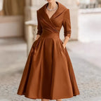 Women's Elegant Satin Midi Dress with Wrap Top, Mid-Length Sleeves and Side Pockets Fashion Glam