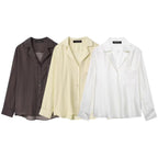 Women's Loose Satin Shirt with Notched Collar and Embroidered Chest Pocket Fashion Glam