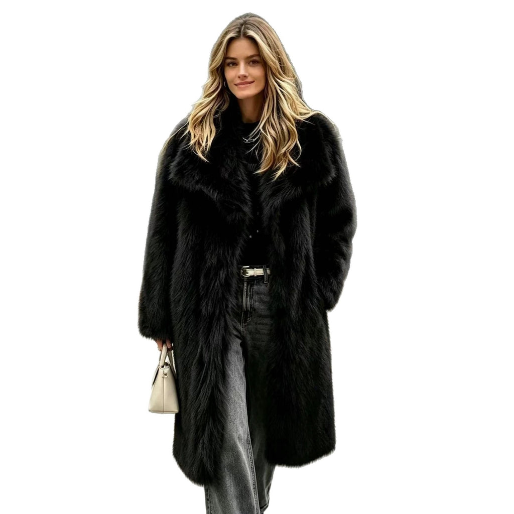 Women's Long High-Pile Faux Fur Coat with Oversized Lapel Collar and Straight Silhouette Fashion Glam
