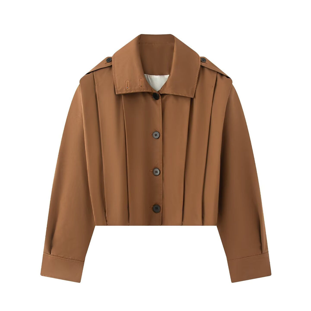 Women's Short-Cut Cropped Trench Coat with Epaulettes and Pleats Fashion Glam