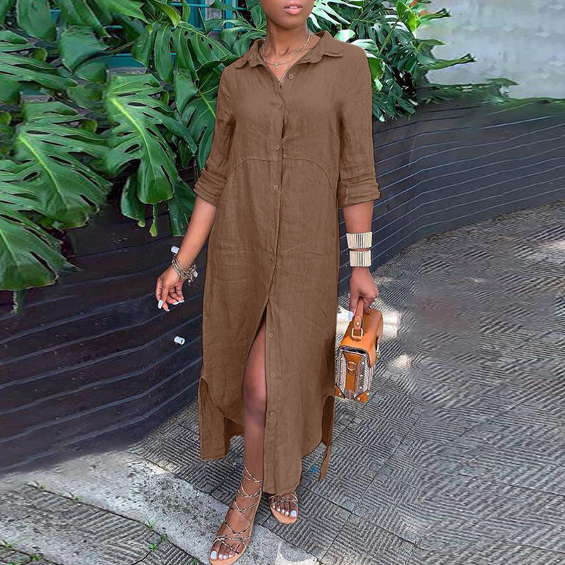 Women's button-up shirt dress with a continuous button placket, side slits, and 3/4 sleeves Fashion Glam
