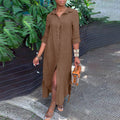Women's button-up shirt dress with a continuous button placket, side slits, and 3/4 sleeves Fashion Glam