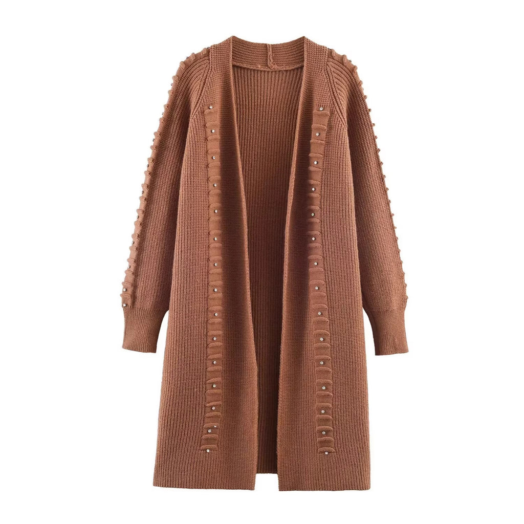 Women Longline Knit Cardigan with Pearl Trim and Ribbed Cuffs Fashion Glam